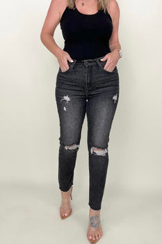 Risen High Rise Slim Straight Cropped Raw Hem Jeans MBB