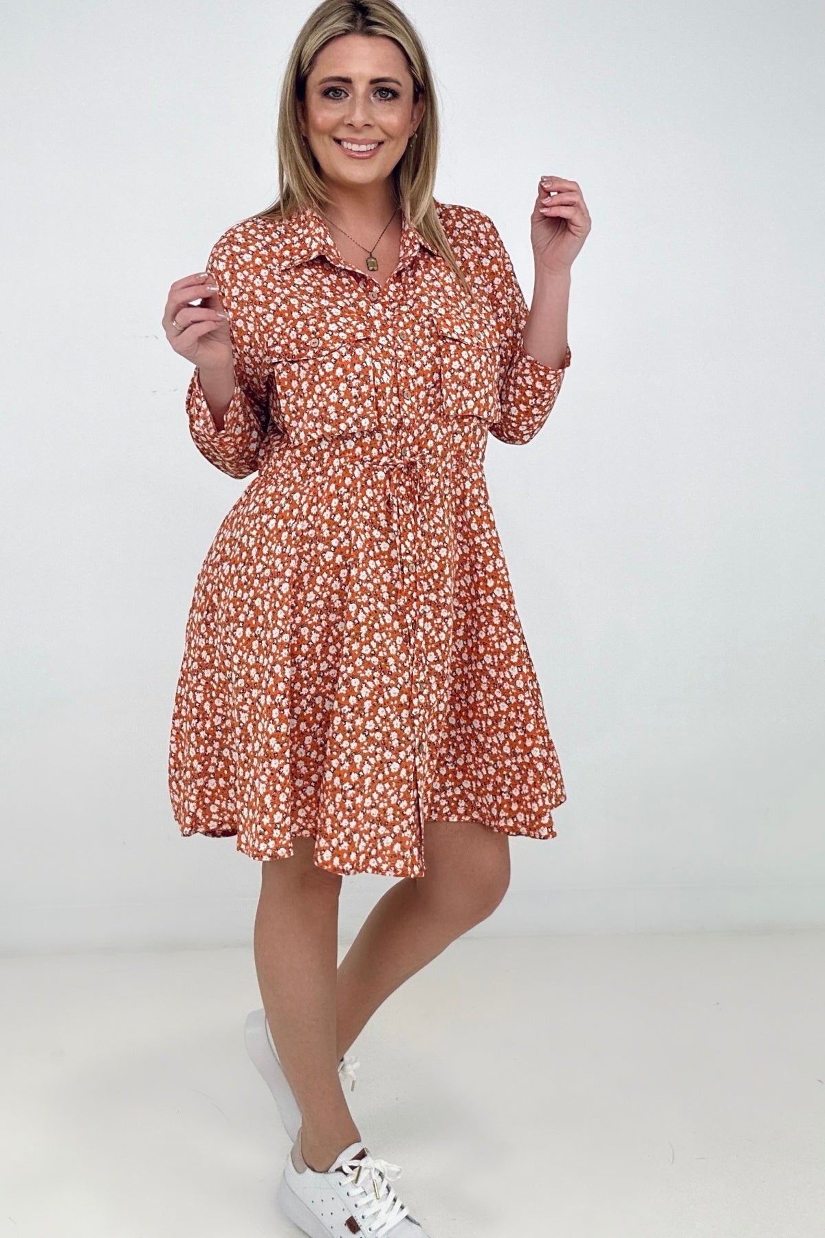 Easel Floral Printed Button Down Shirt Dress