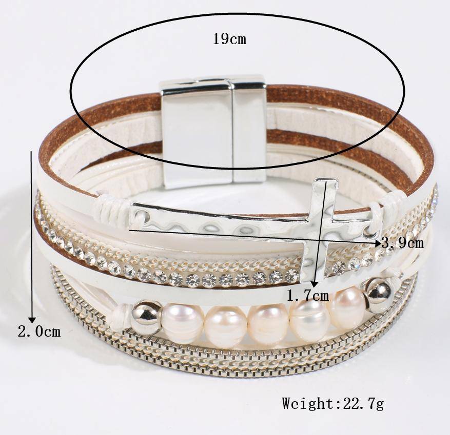 Boho Pearl Leather Wrap Bracelet With Magnetic Clasp
