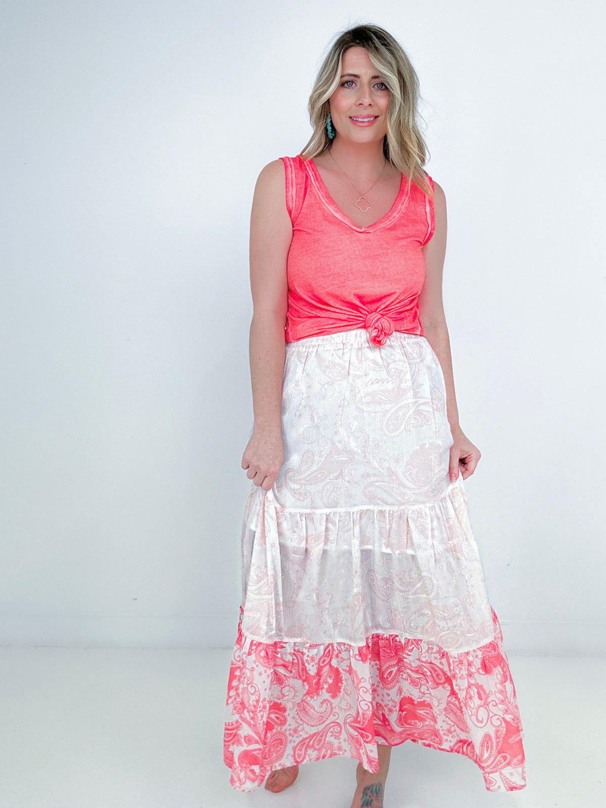 Pink Floral Print Ruffle Hem Tiered Maxi Skirt