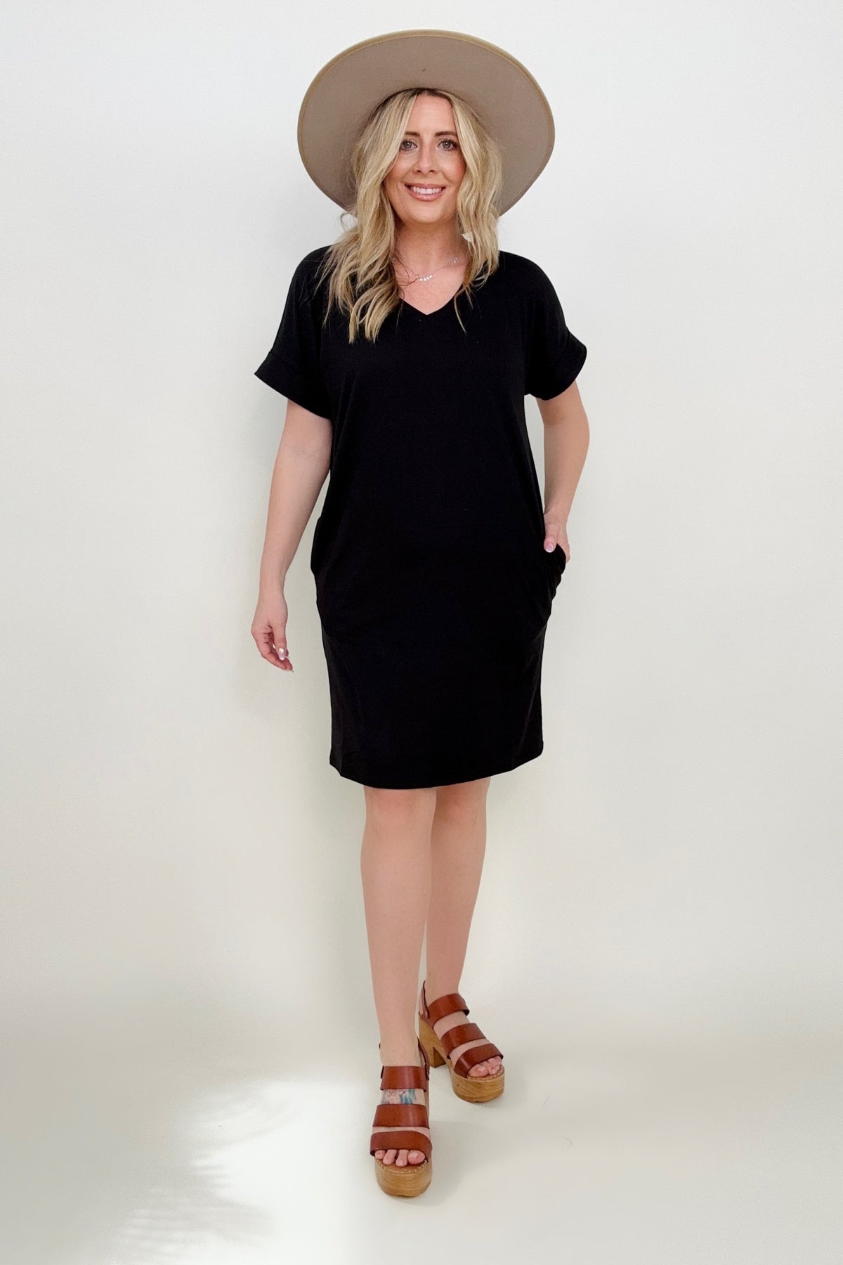 Zenana Brushed DTY Cuffed Short Sleeve V-Neck Dress