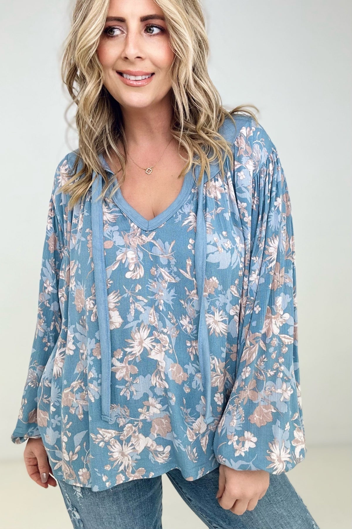 BiBi Floral Woven York Tied Neck Long Sleeve Top