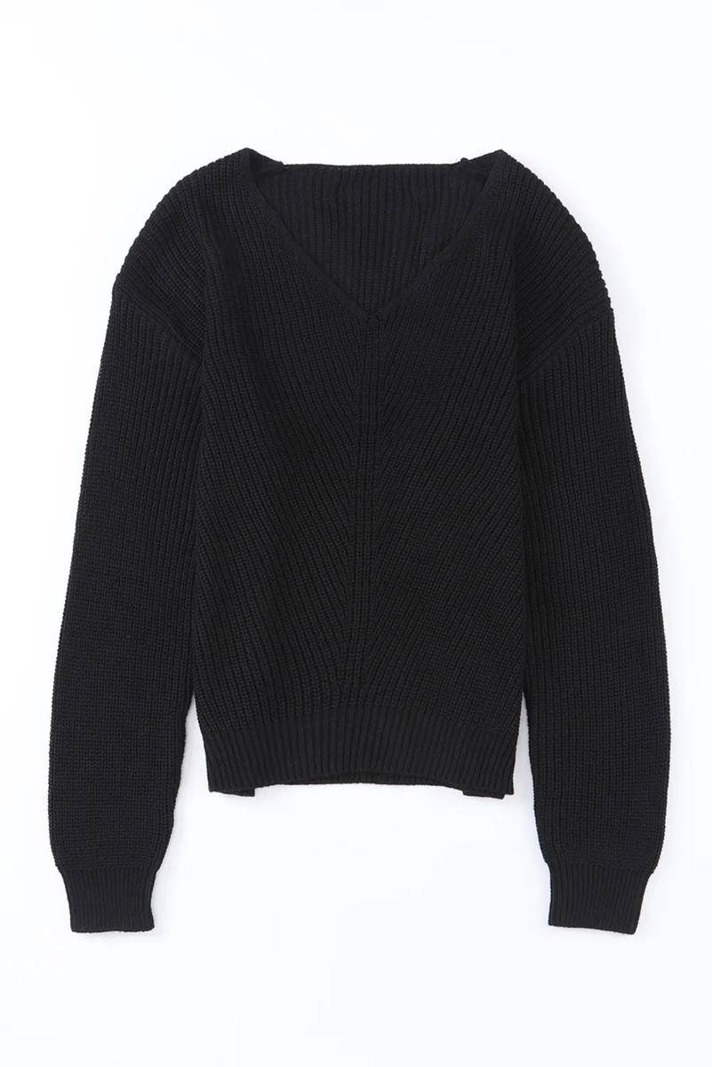 Ribbed Knit V Neck Long Sleeve Sweater