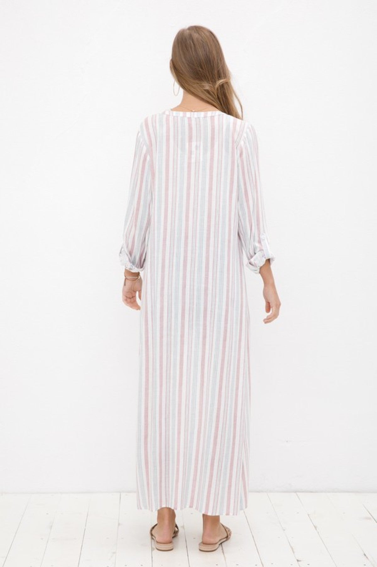 Cozy Co Long Sleeve Striped Button Down Maxi Dress