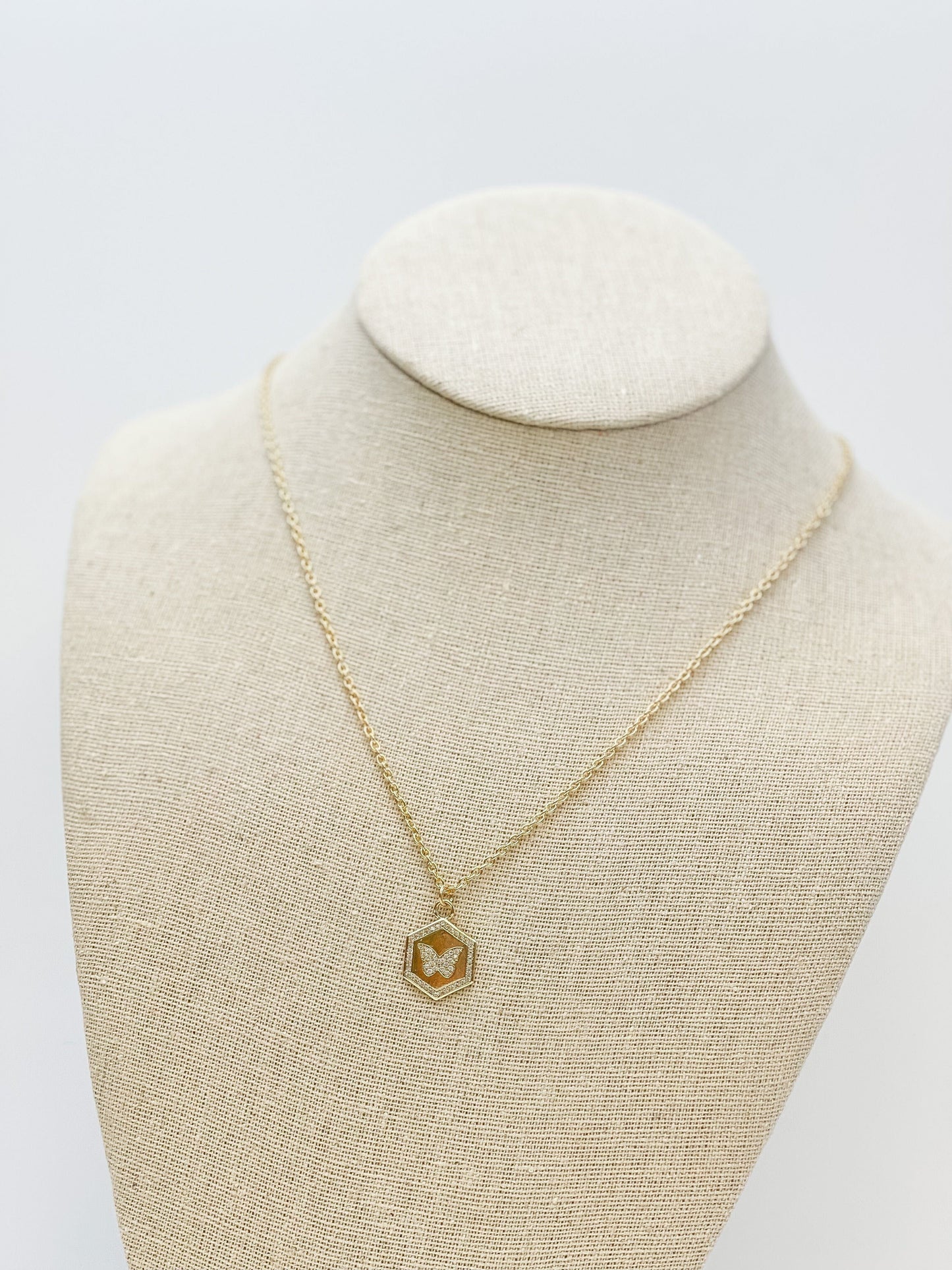 Pave Butterfly Hexagon Pendant Necklace