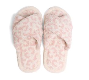 Leopard Criss Cross Fuzzy Slippers in Pink