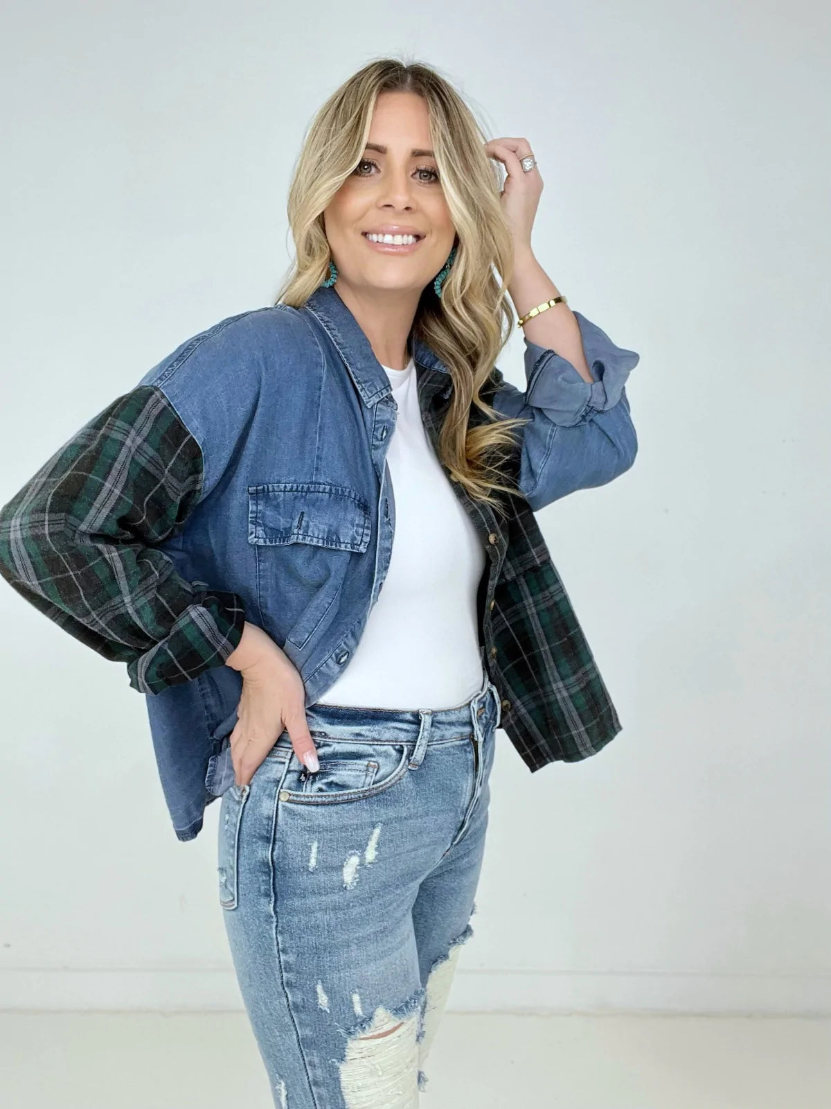 Easel "Plaid Denim Fusion" Washed Plaid Denim Shirt with Flap Pockets