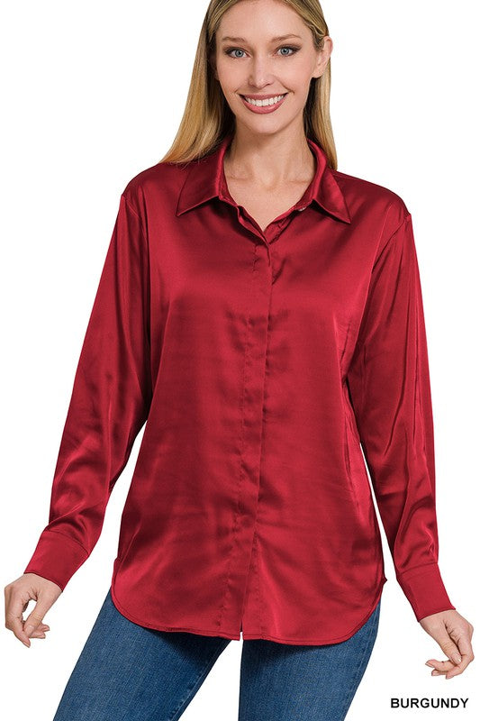 Doorbuster Deal > ZENANA SATIN DRESS SHIRT