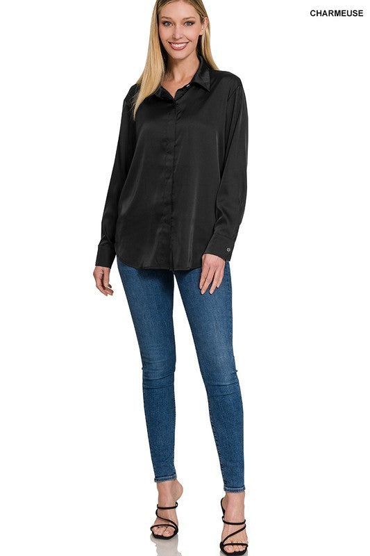 Doorbuster Deal > ZENANA SATIN DRESS SHIRT