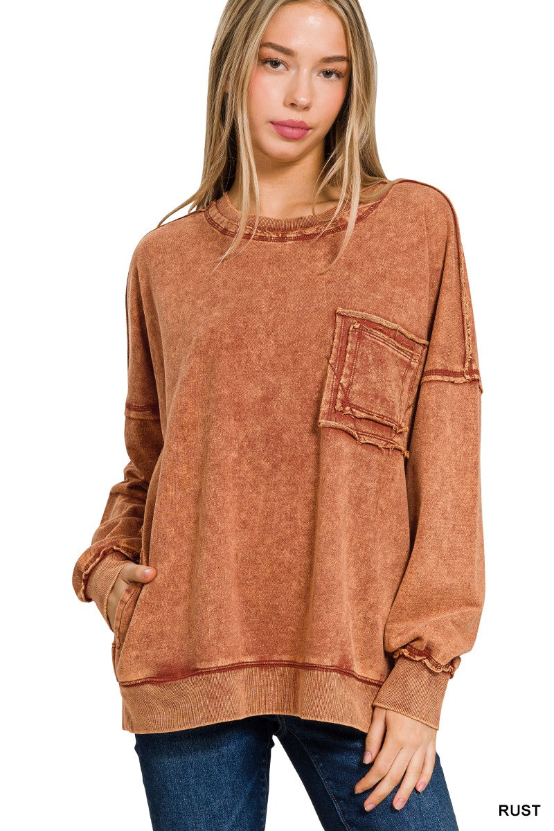 Zenana acid wash French terry Pullover with Pockets