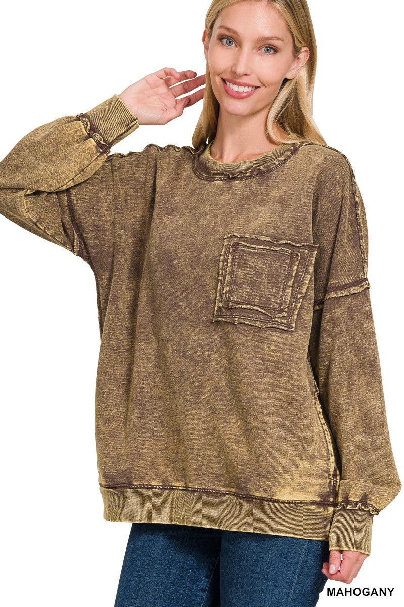 Zenana acid wash French terry Pullover with Pockets