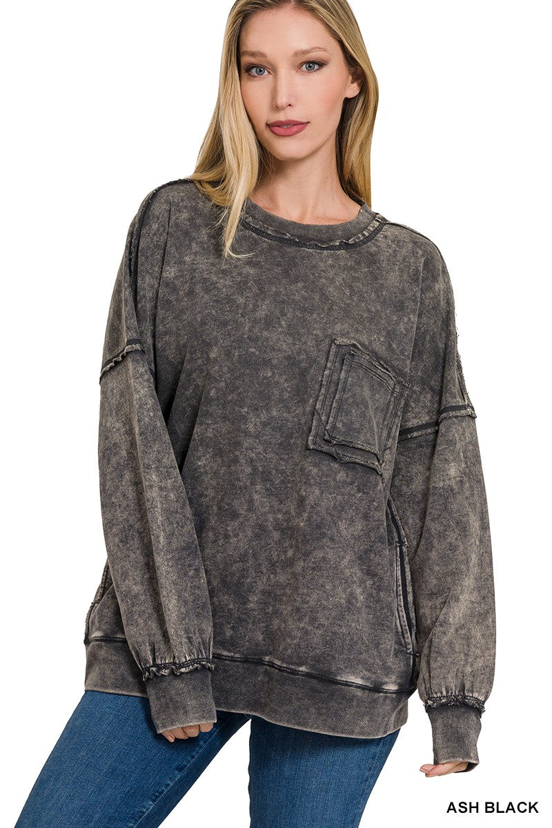 Zenana acid wash French terry Pullover with Pockets