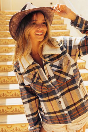 Vintage Plaid Sherpa Collard Jacket with Pockets