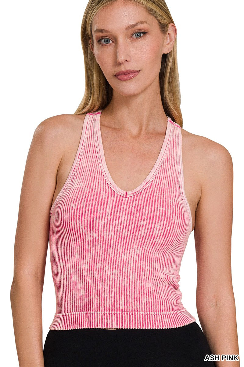 DOORBUSTER  ZENANA WASHED RIBBED CROPPED BRA PADDED V-NECK TANK TOP