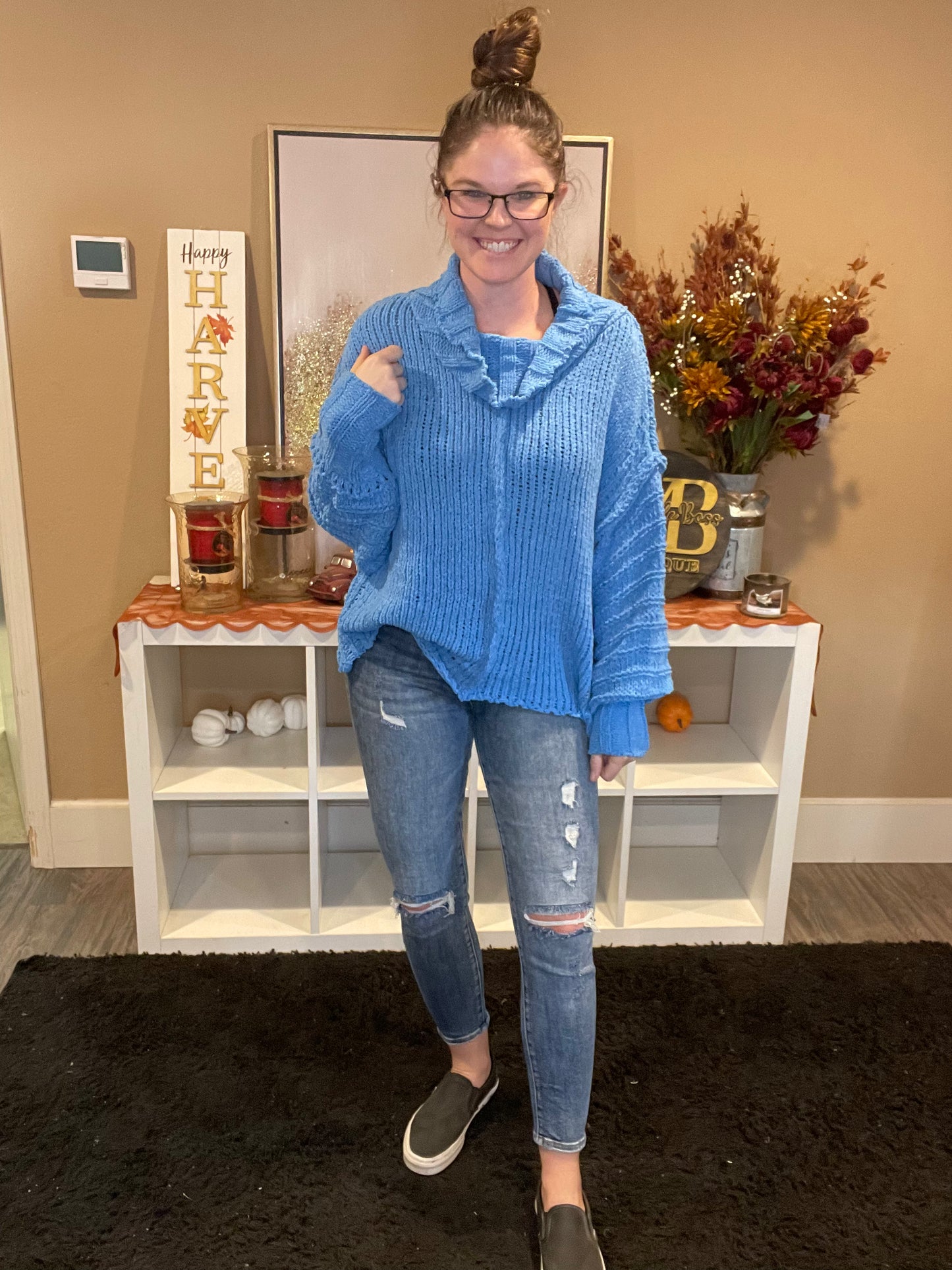 Blue Cowl Neck Oversized Sweater