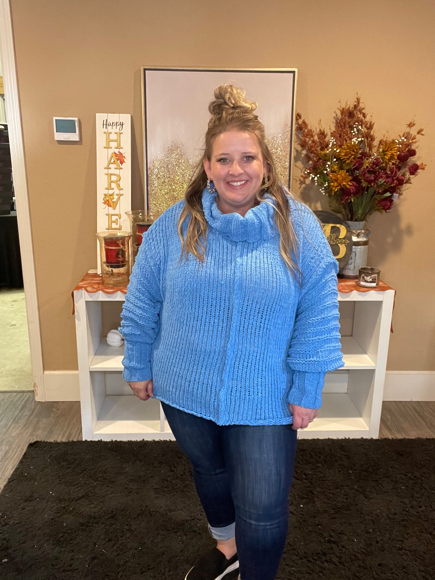 Blue Cowl Neck Oversized Sweater