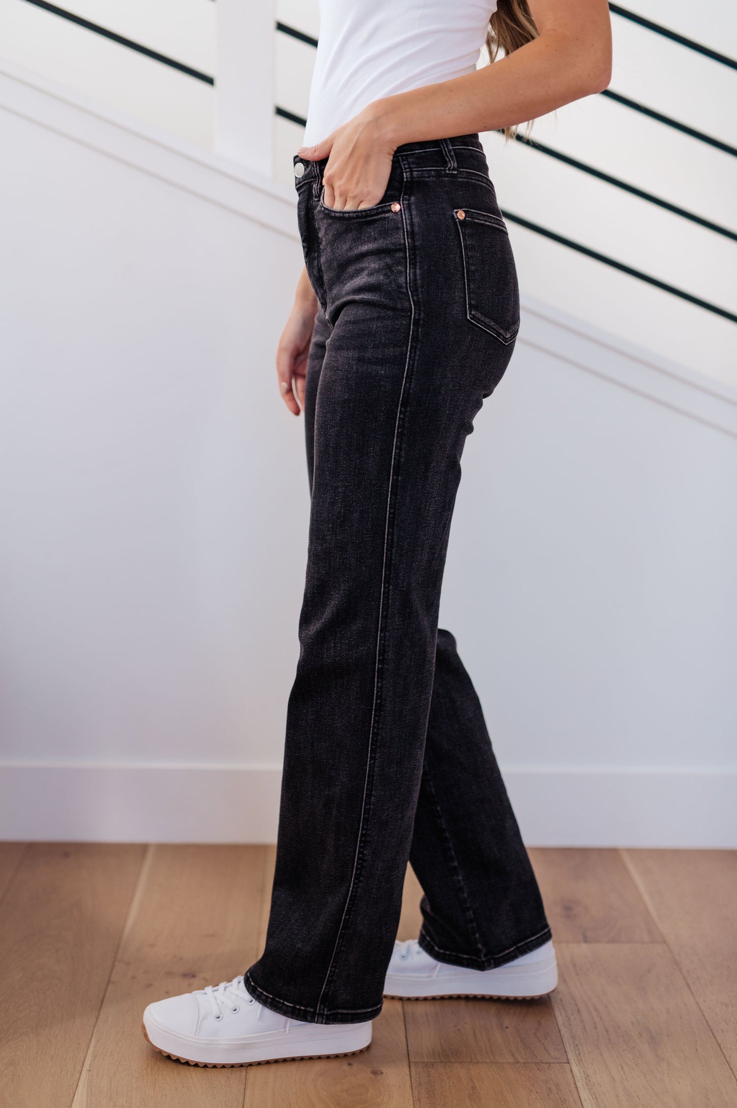 Joan High Rise Tummy  Control Top Straight Jeans in Washed Black