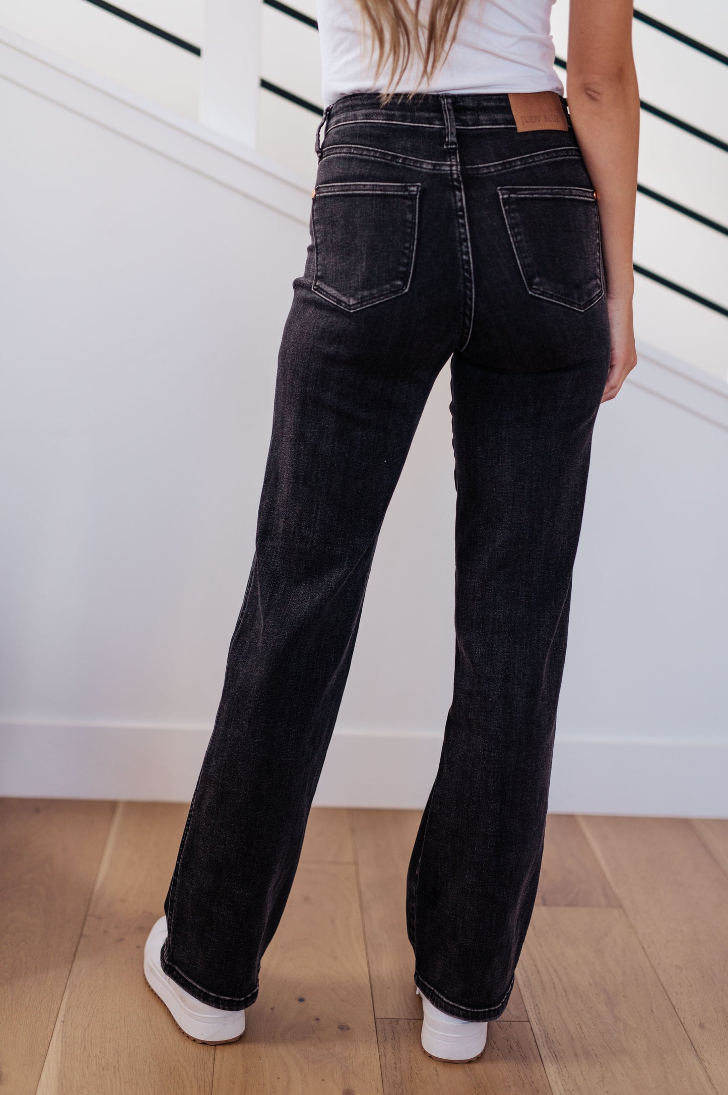 Joan High Rise Tummy  Control Top Straight Jeans in Washed Black