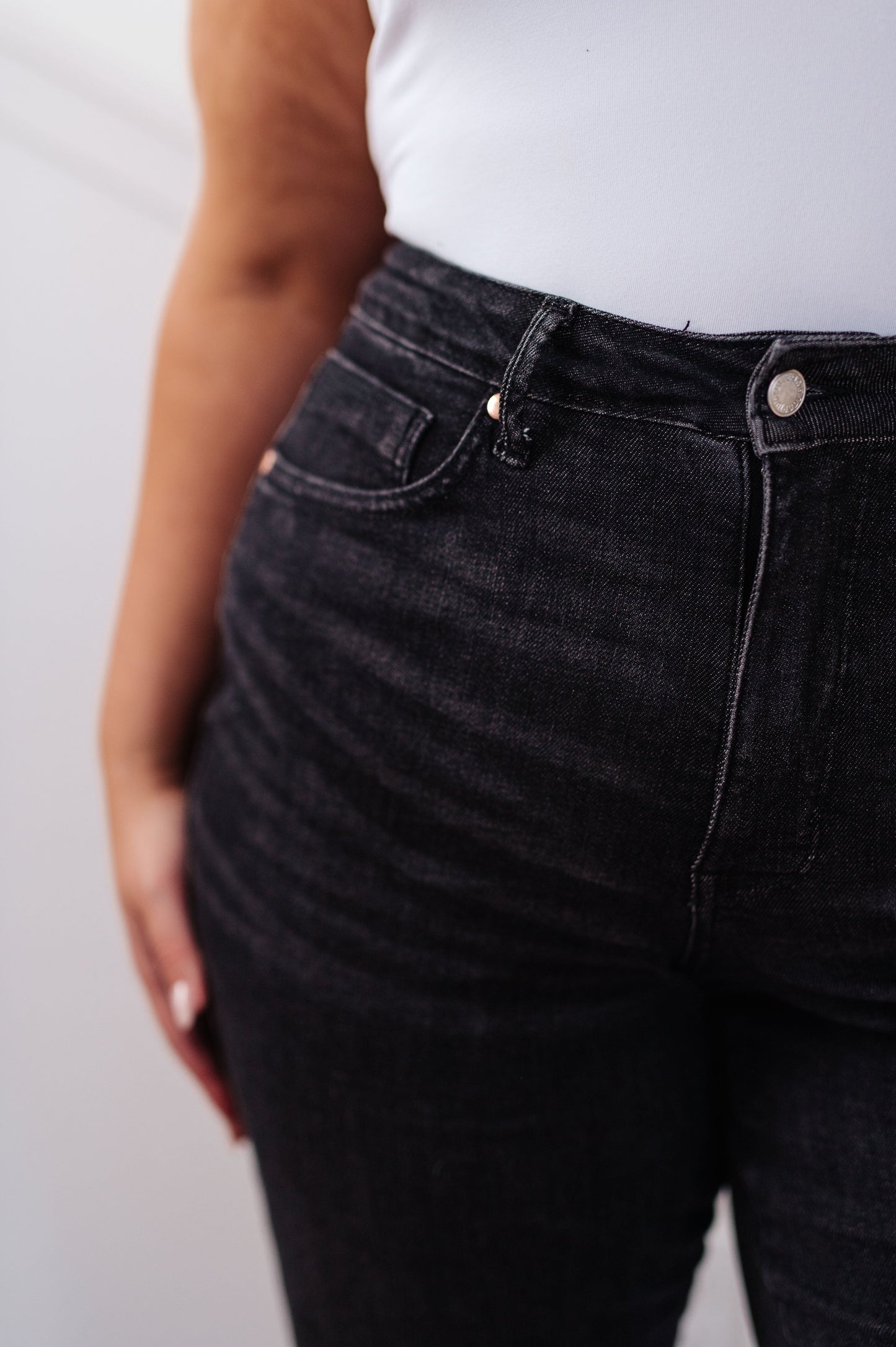 Joan High Rise Tummy  Control Top Straight Jeans in Washed Black