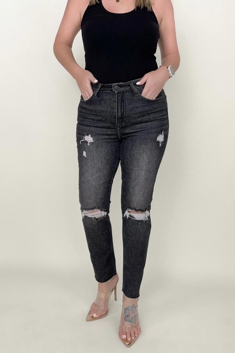 Risen High Rise Slim Straight Cropped Raw Hem Jeans MBB
