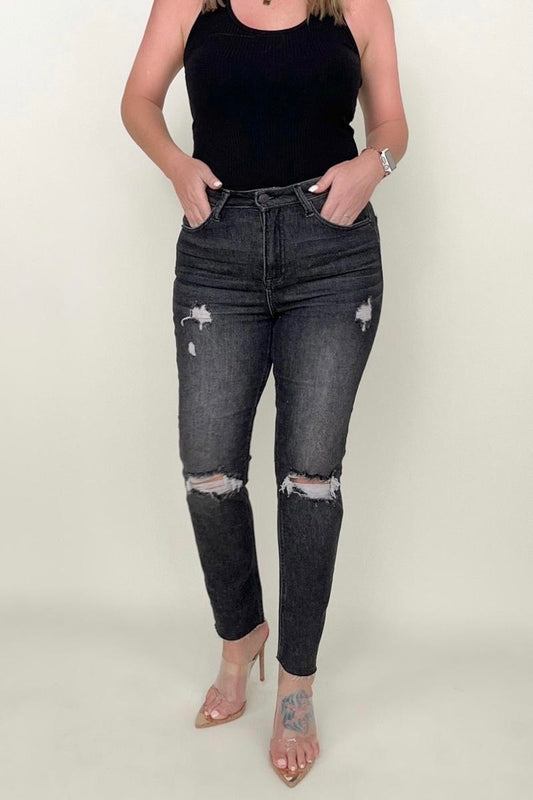 Risen High Rise Slim Straight Cropped Raw Hem Jeans MBB