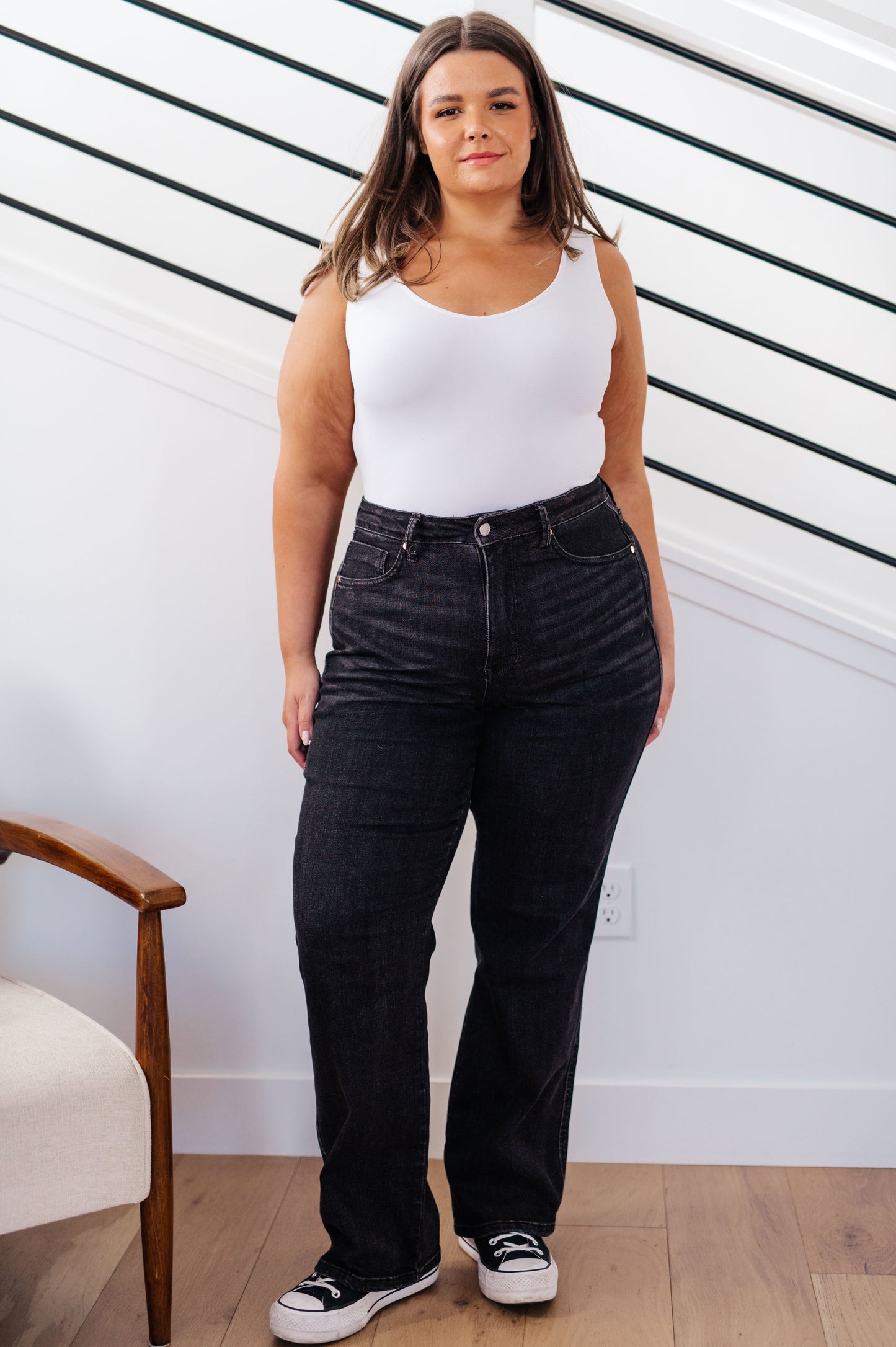 Joan High Rise Tummy  Control Top Straight Jeans in Washed Black