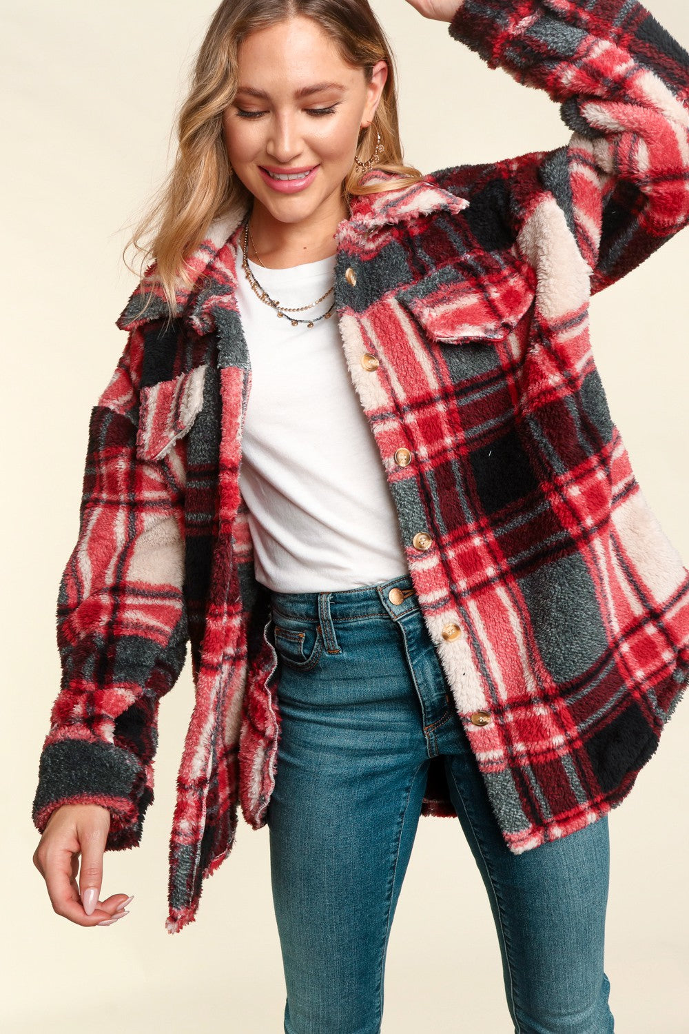 Red Sherpa Shacket with Pockets