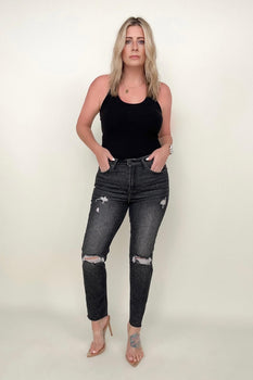 Risen High Rise Slim Straight Cropped Raw Hem Jeans MBB