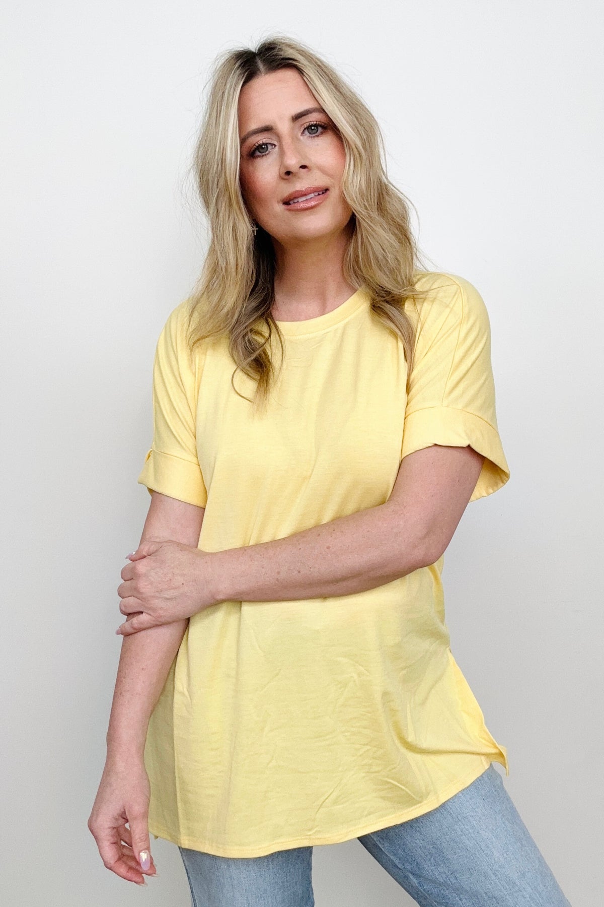 Zenana Cuffed Sleeve Side Slit High-Low Hem T-Shirt