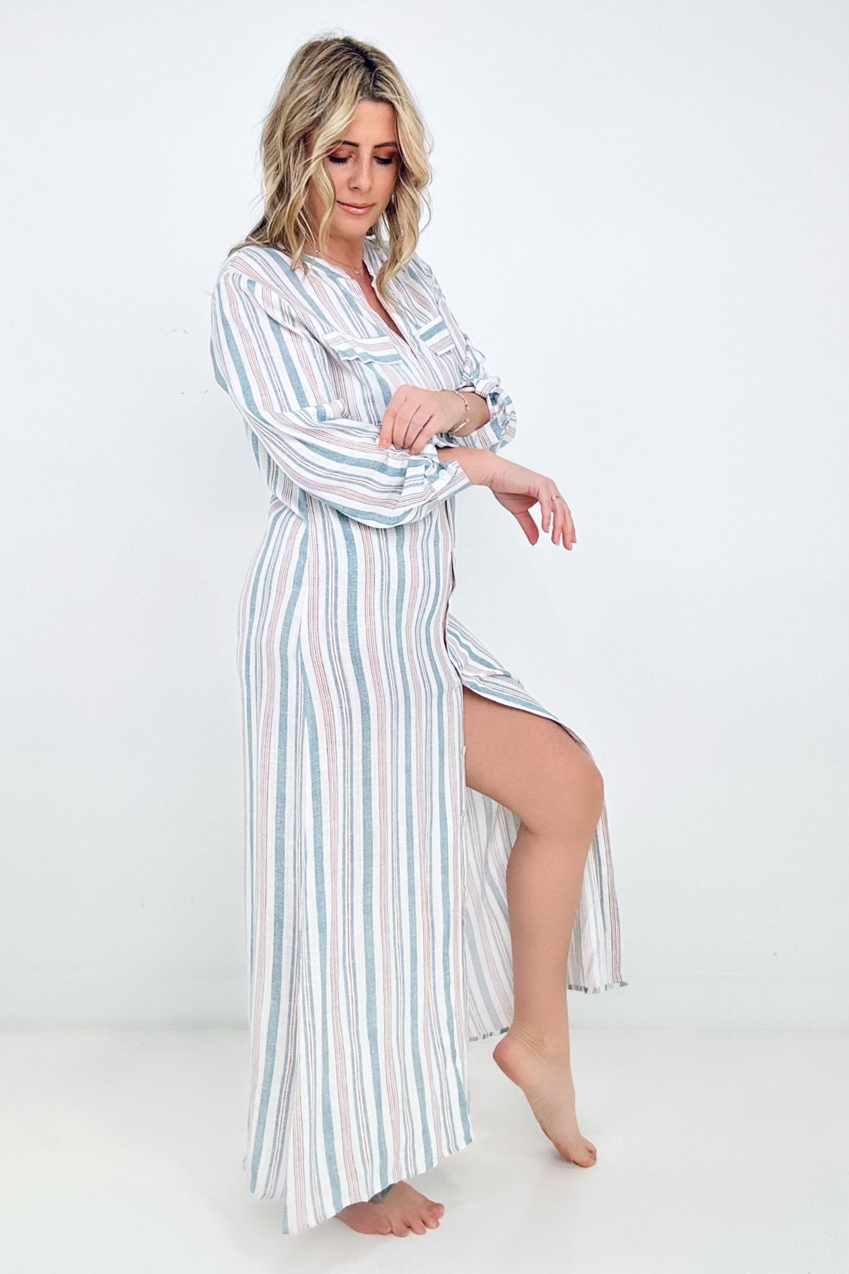 Cozy Co Long Sleeve Striped Button Down Maxi Dress