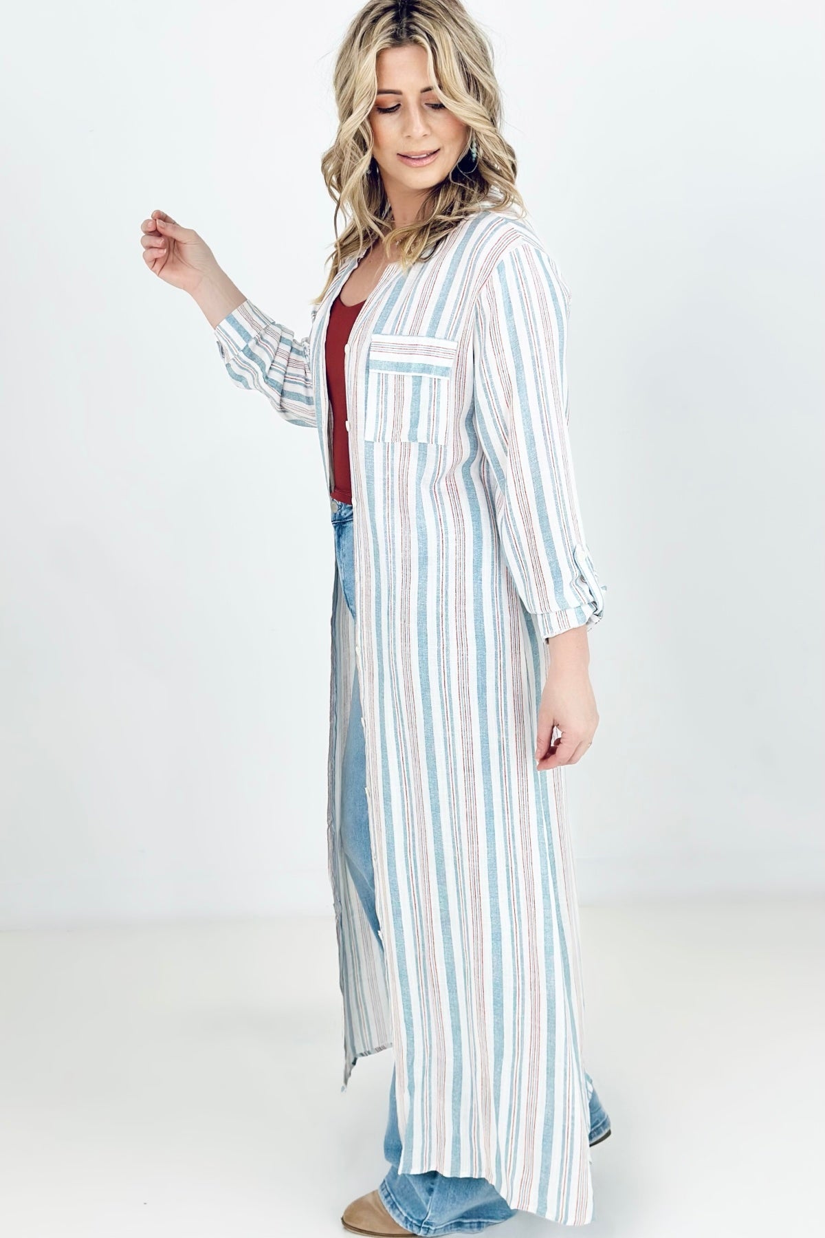 Cozy Co Long Sleeve Striped Button Down Maxi Dress