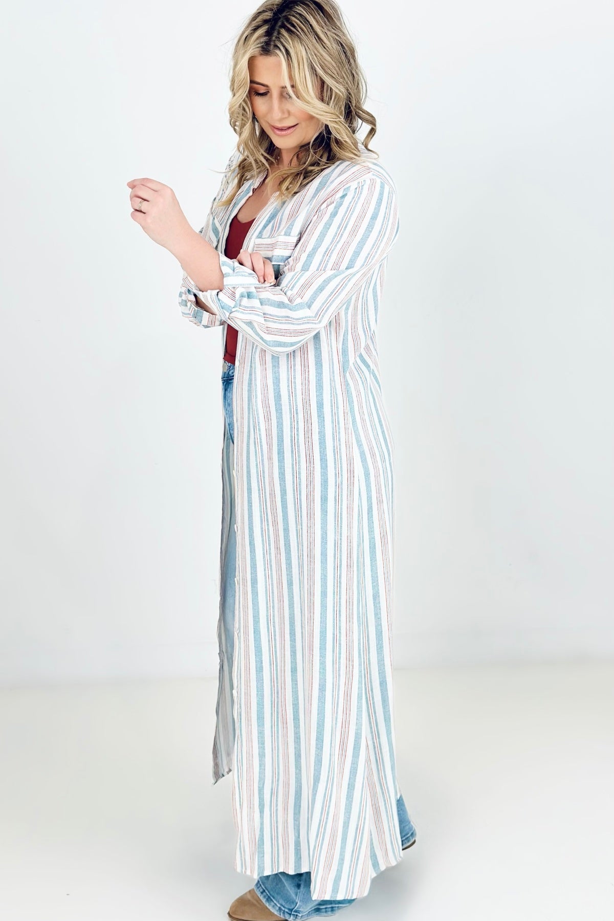 Cozy Co Long Sleeve Striped Button Down Maxi Dress