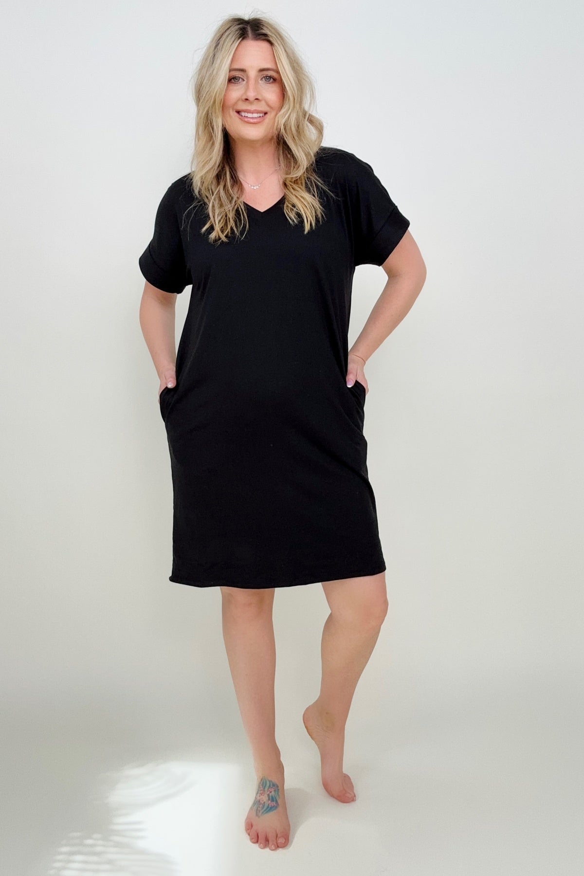Zenana Brushed DTY Cuffed Short Sleeve V-Neck Dress