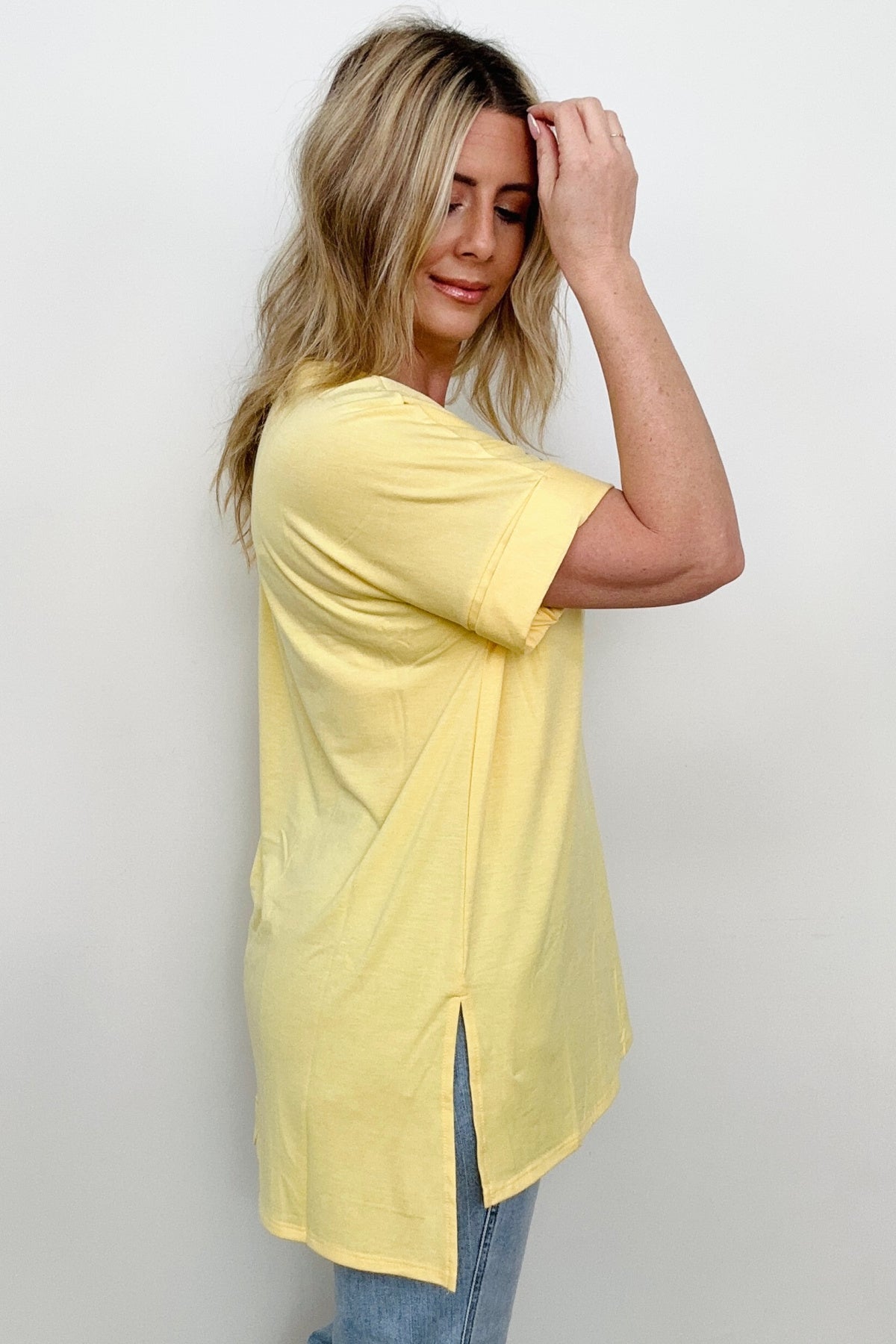 Zenana Cuffed Sleeve Side Slit High-Low Hem T-Shirt