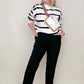 White and Black Stripe Sweater With Pearl Button Detail