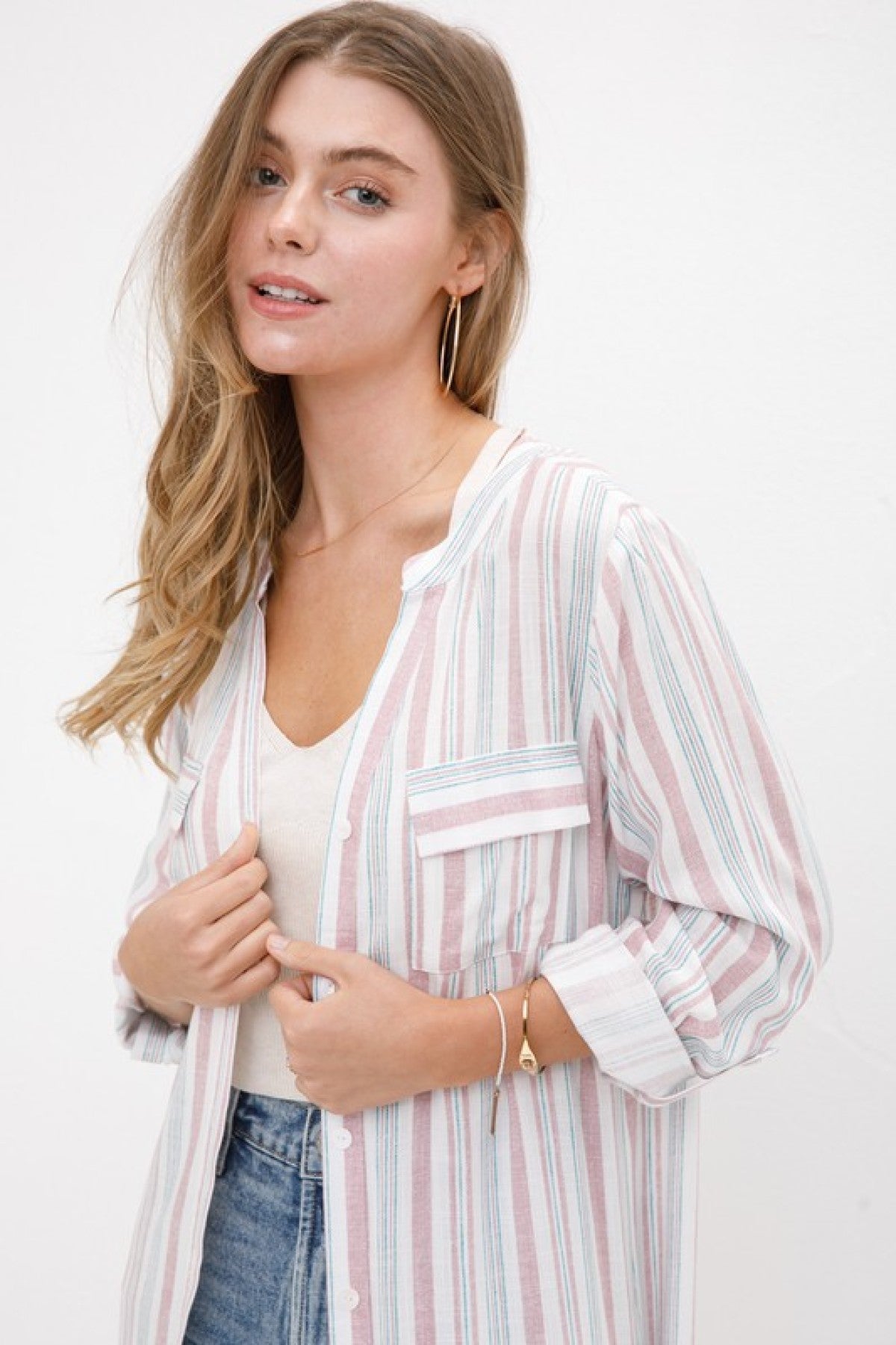 Cozy Co Long Sleeve Striped Button Down Maxi Dress