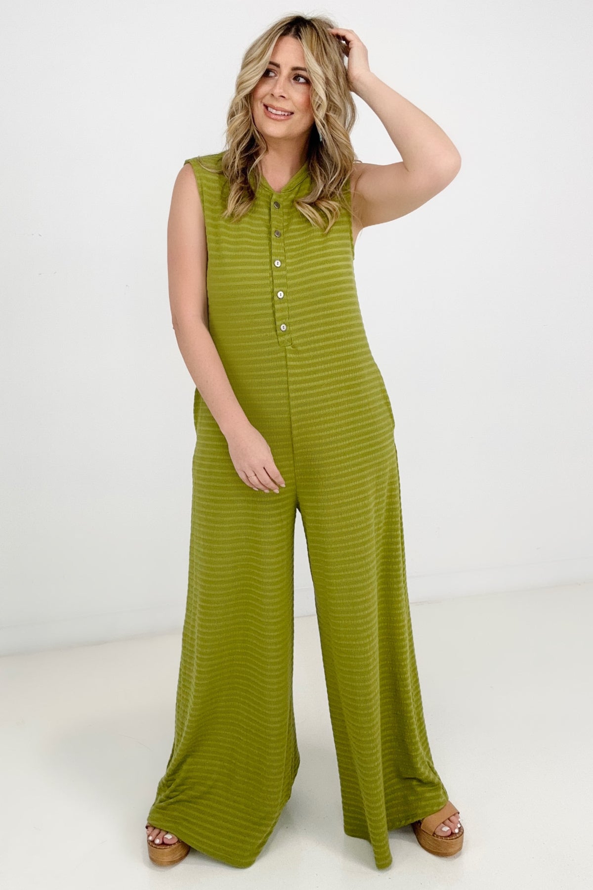 Jade By Jane Button Up Textured Wide Leg Jumpsuit