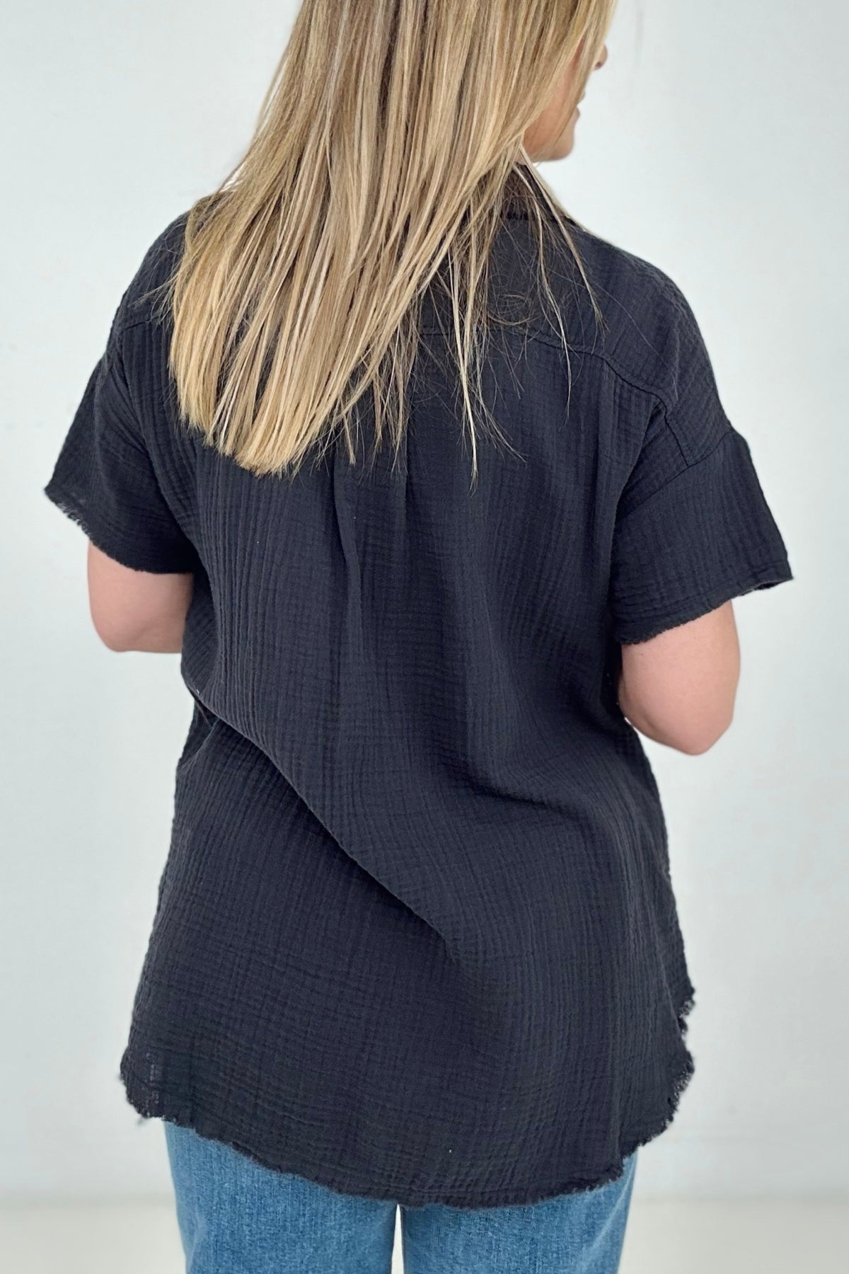 Zenana "April" Gauze Button Down Raw Edge Short Sleeve Top