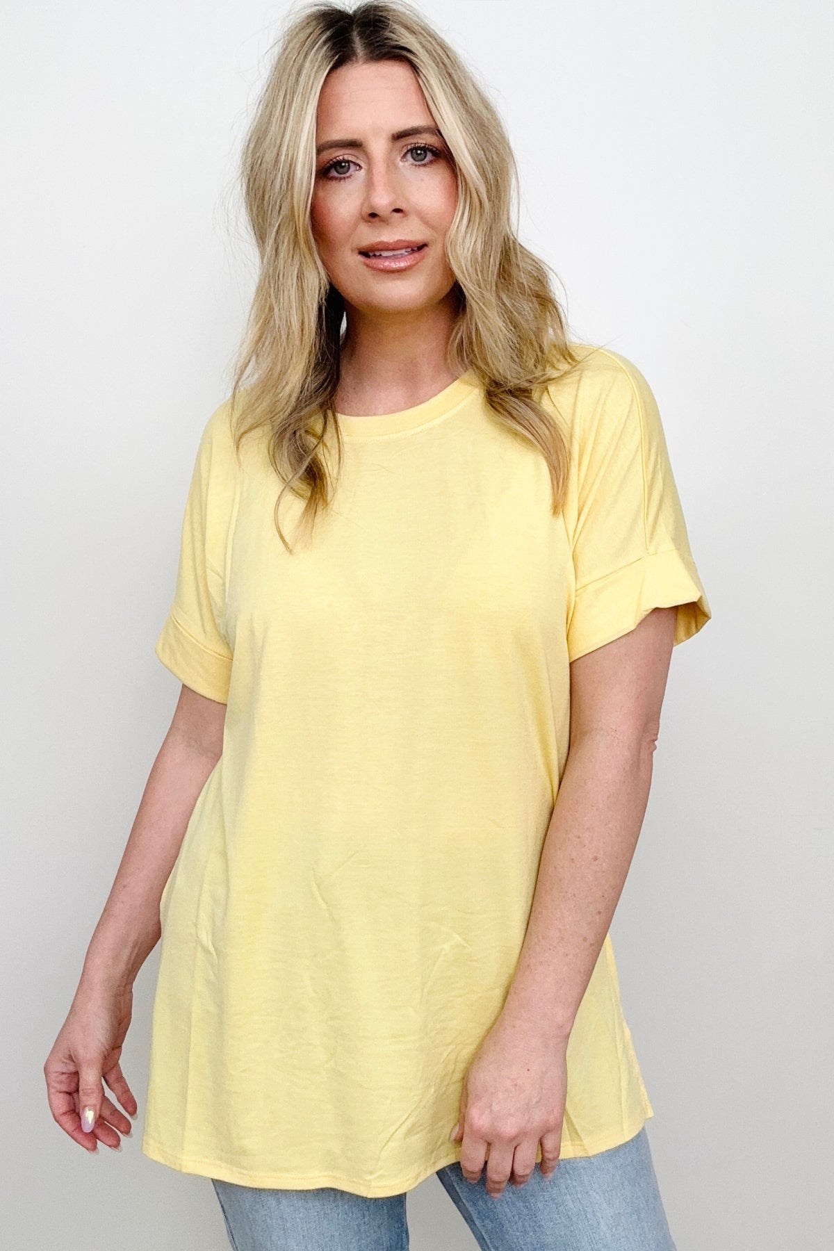 Zenana Cuffed Sleeve Side Slit High-Low Hem T-Shirt