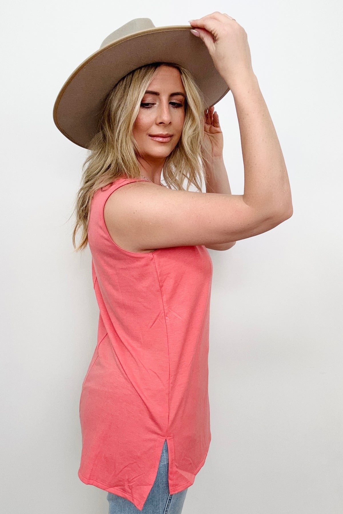 Zenana Solid Round Neck Sleeveless Side Slit Top