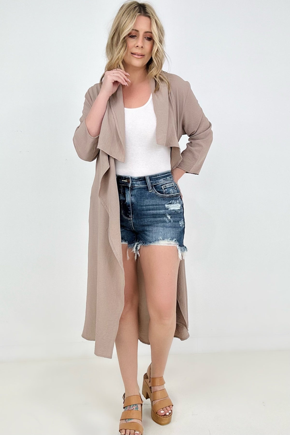 Jade By Jane Draped Front Long Body Jacket
