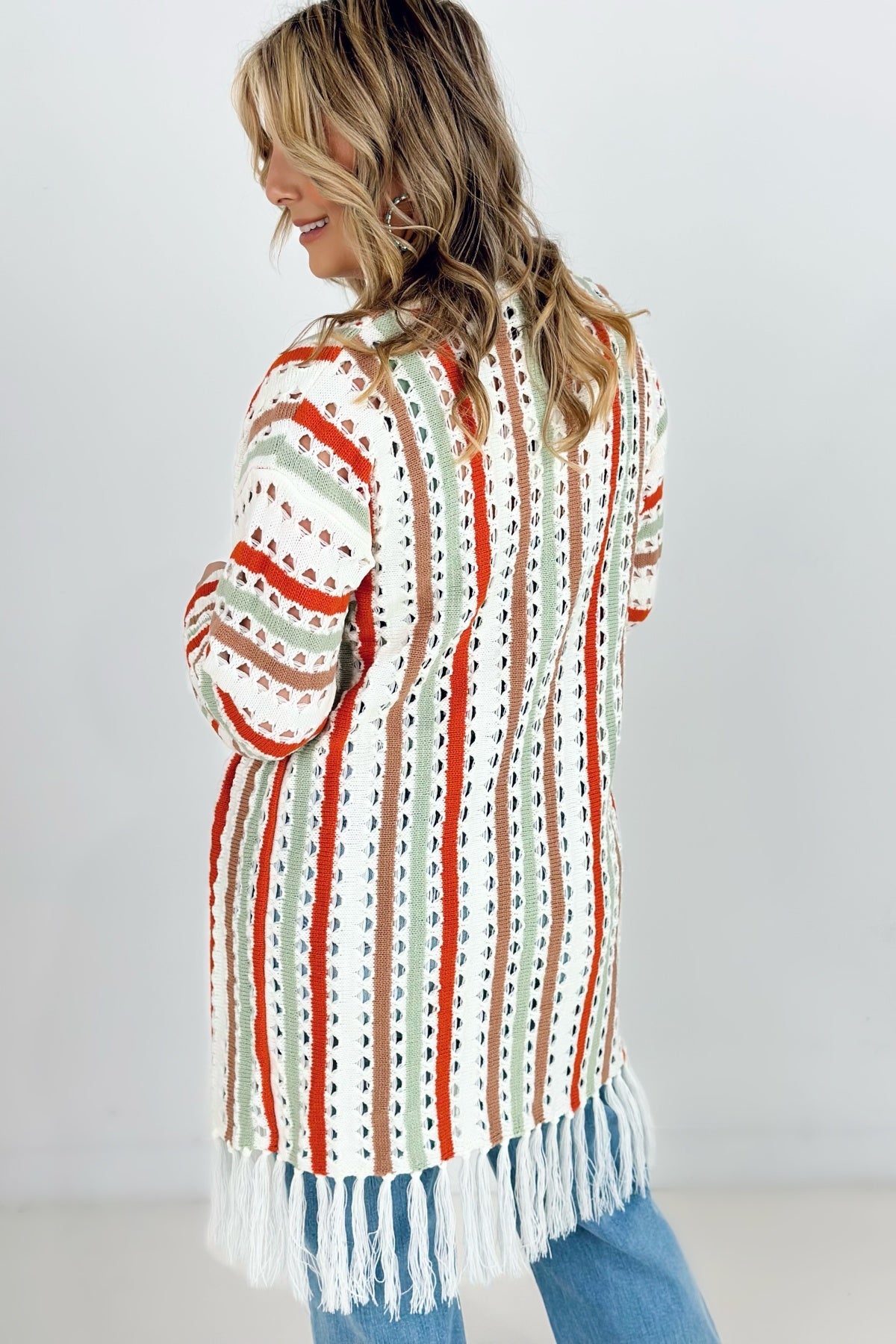 Cozy Co Multi-Color Striped Open Knit Fringe Cardigan
