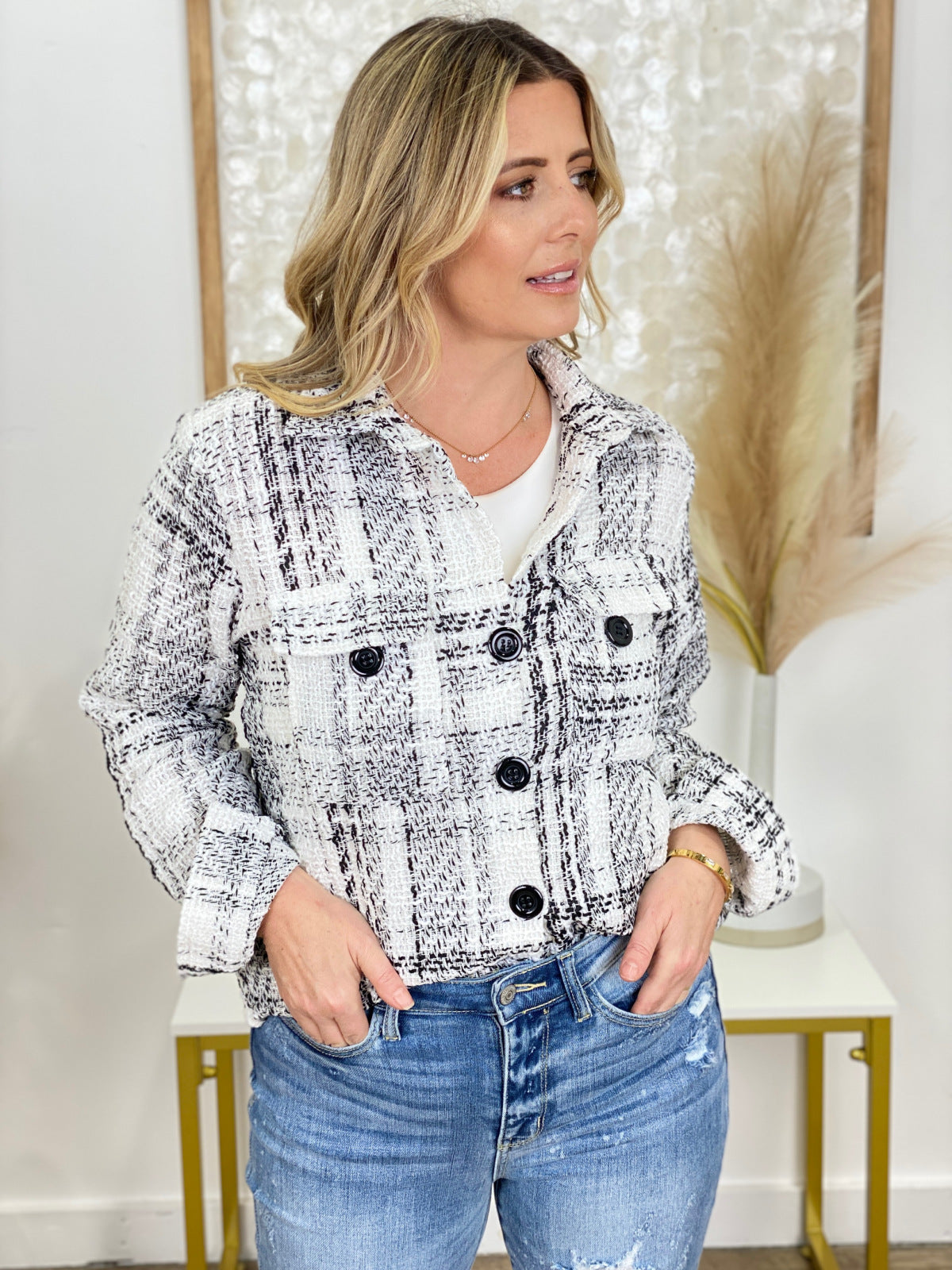 Loose Plaid Button Long-Sleeved Jacket With Pocket