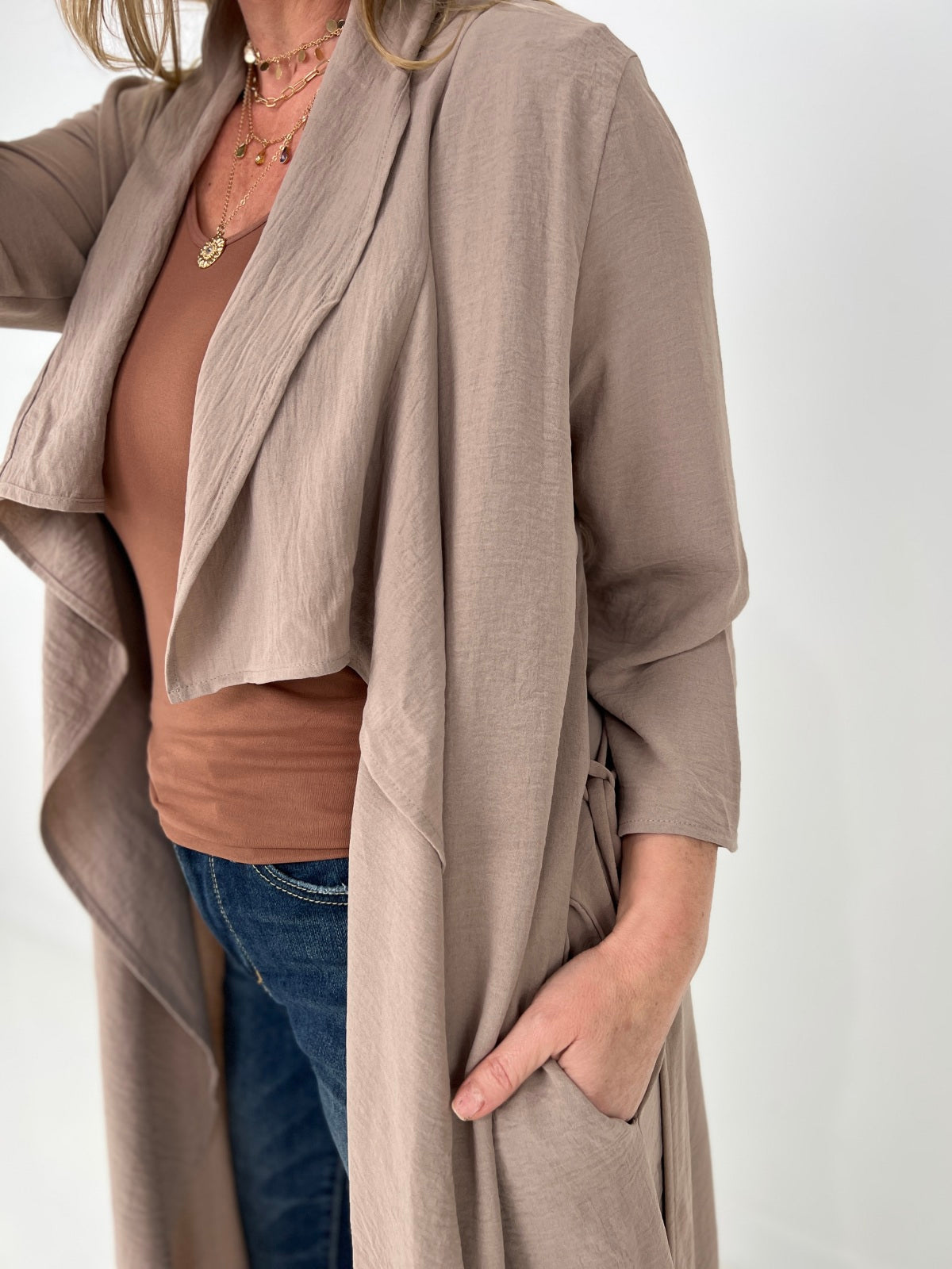 Jade By Jane Draped Front Long Body Jacket