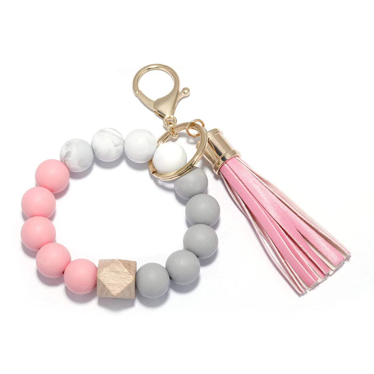 Colorblock Beaded Bracelet with Tassel Keychain