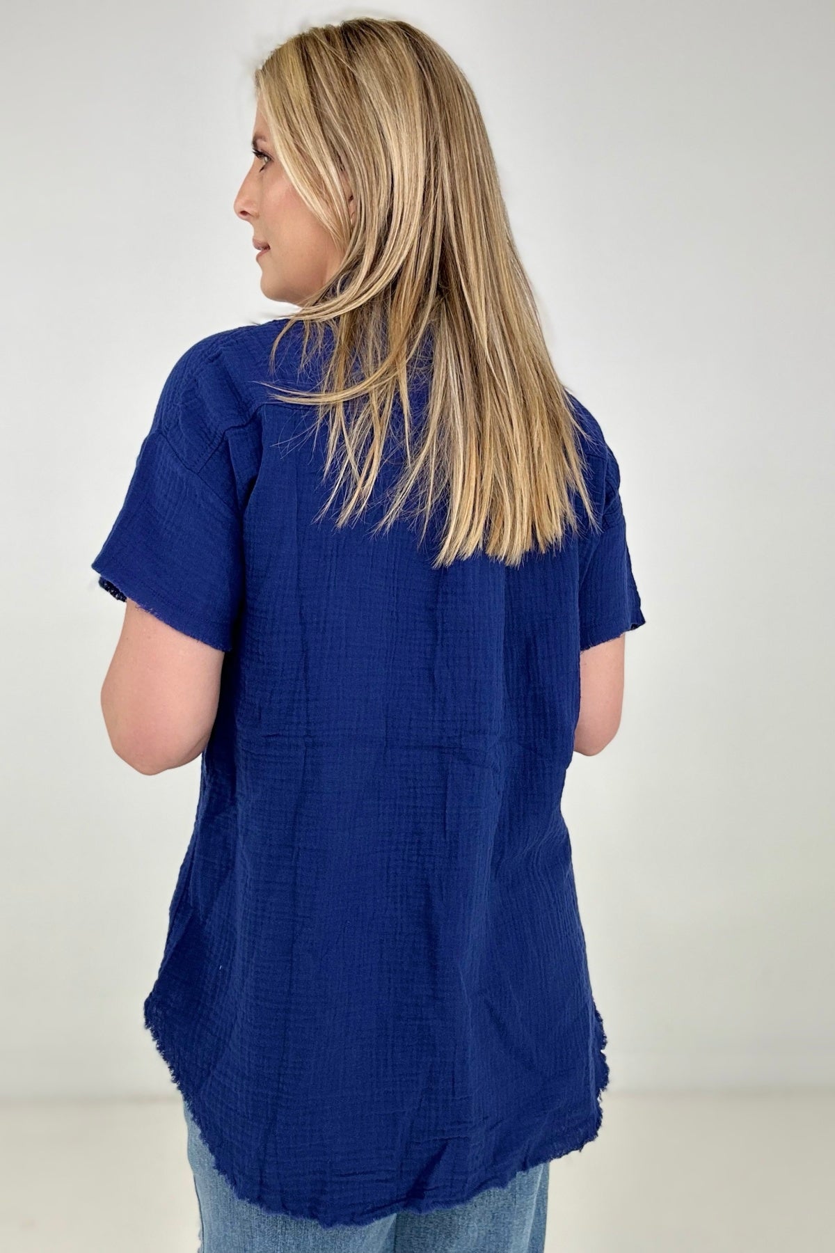 Zenana "April" Gauze Button Down Raw Edge Short Sleeve Top