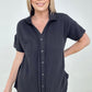 Zenana "April" Gauze Button Down Raw Edge Short Sleeve Top
