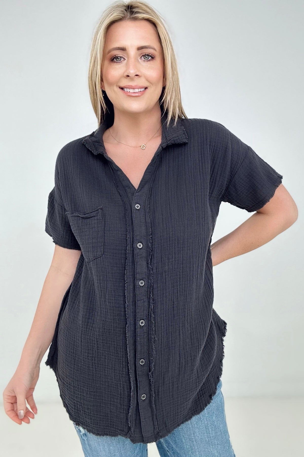 Zenana "April" Gauze Button Down Raw Edge Short Sleeve Top