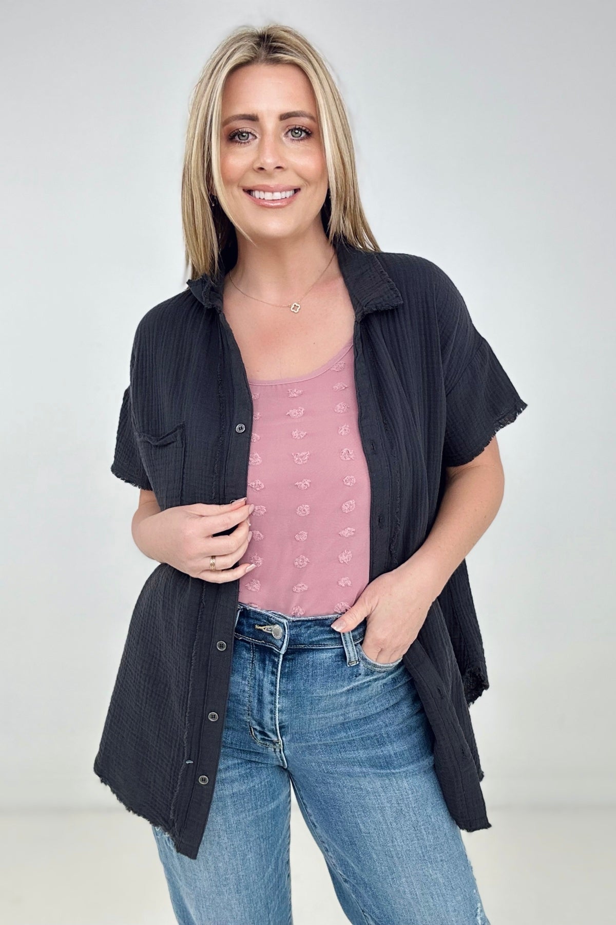 Zenana "April" Gauze Button Down Raw Edge Short Sleeve Top
