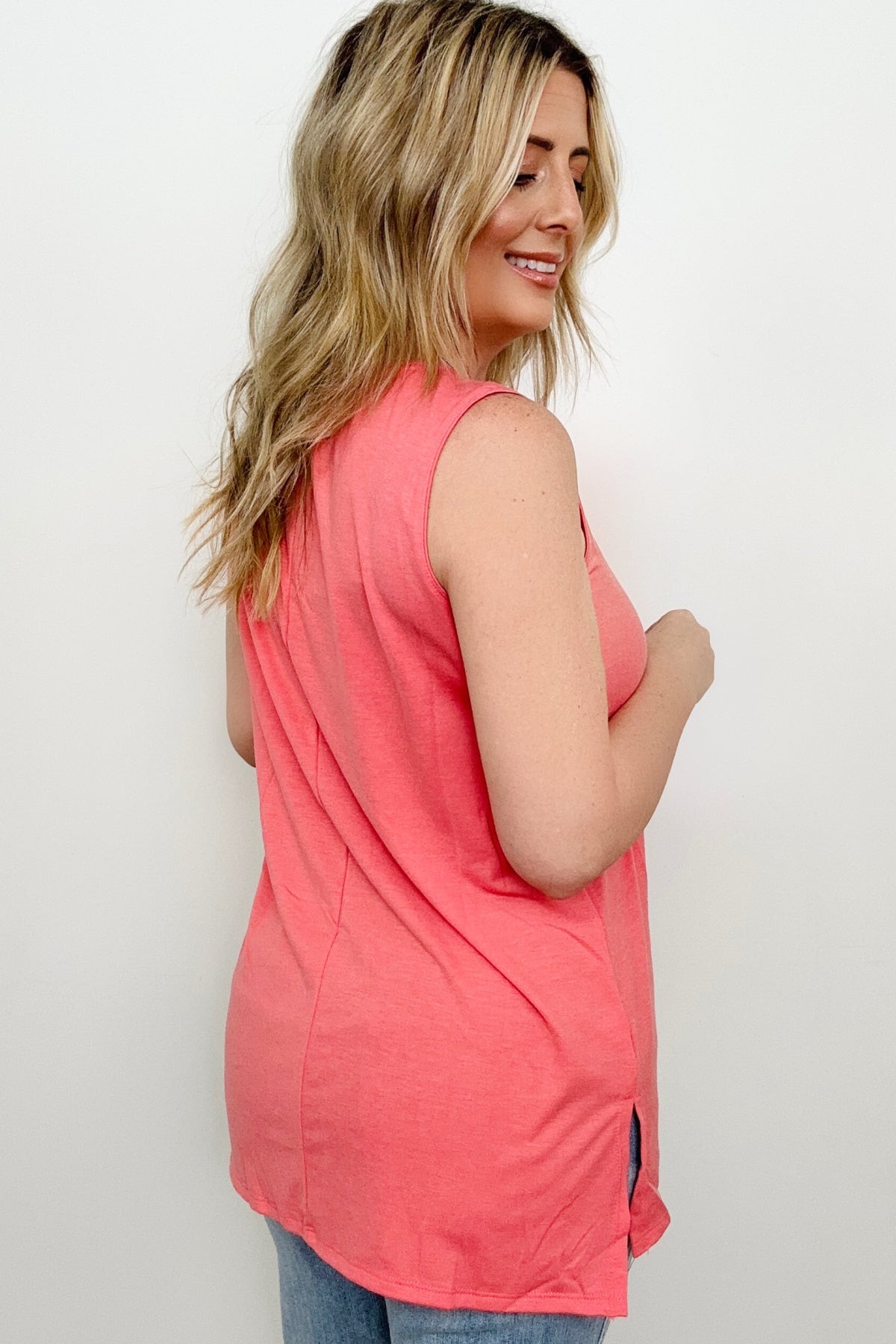 Zenana Solid Round Neck Sleeveless Side Slit Top